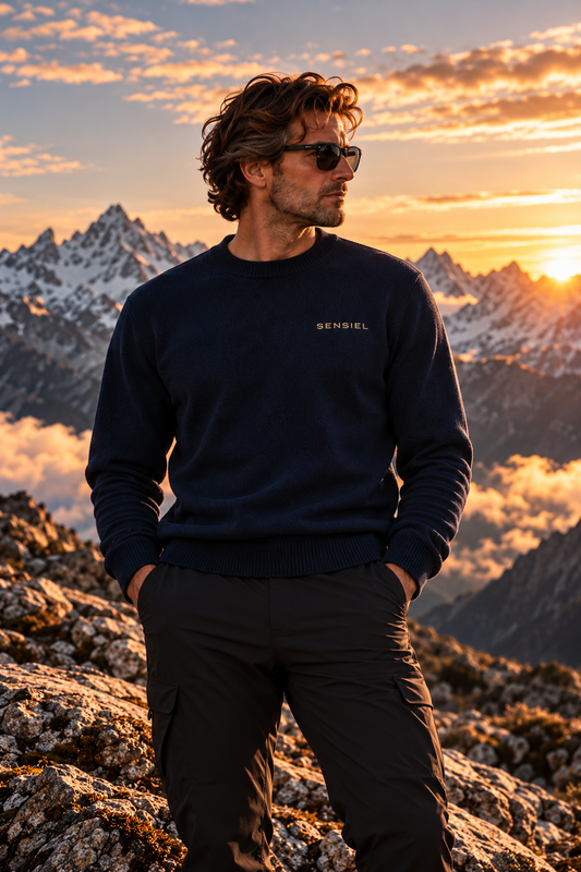 SENSIEL AIR Crew 01 navy crewneck worn by a man in the Swiss Alps.